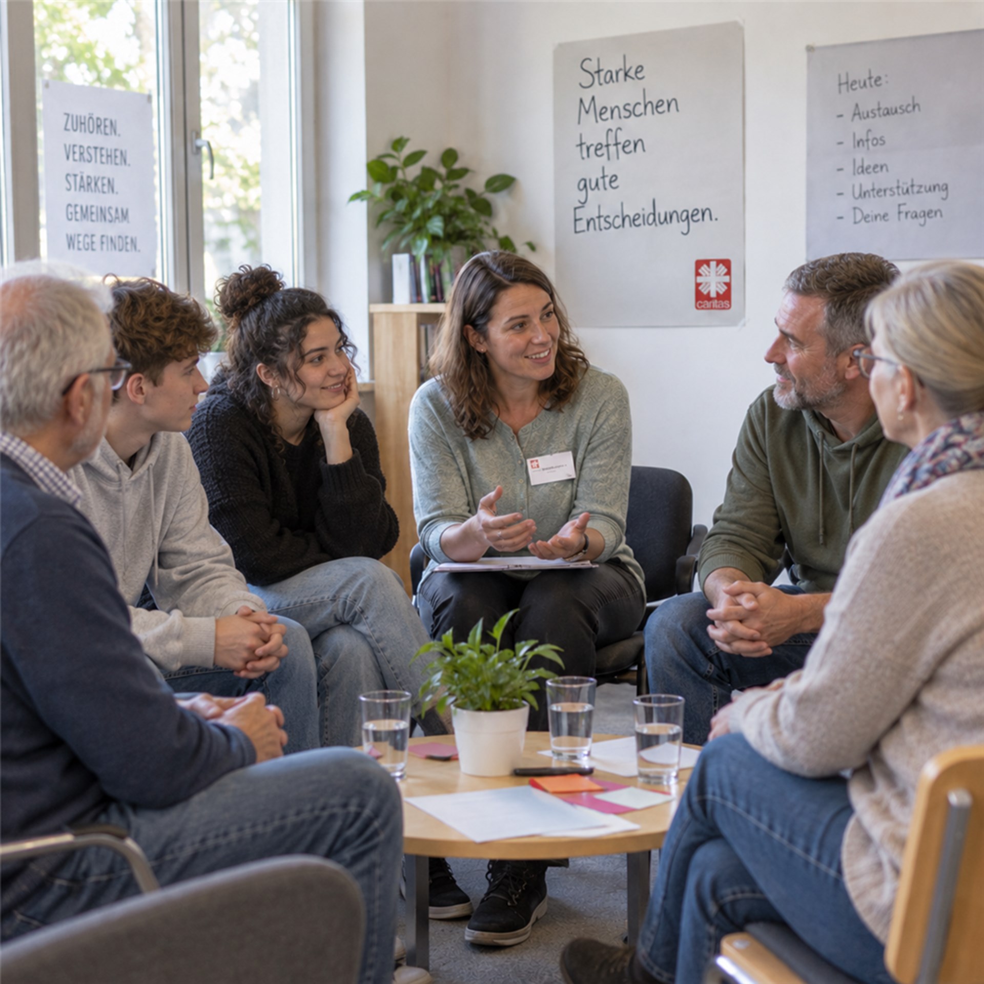 Menschen unterschiedlichen Alters sitzen gemeinsam in einer Gesprächsrunde zur Suchtprävention. Eine Beraterin moderiert den Austausch in einem hellen Raum.