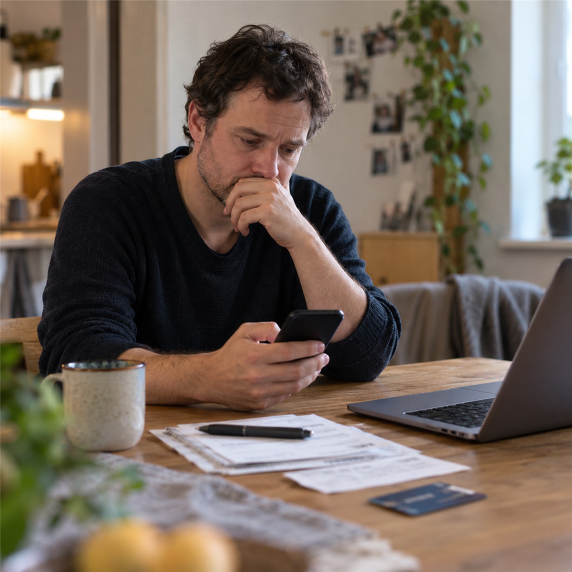 Nachdenklicher Mann sitzt zu Hause an einem Tisch und blickt auf sein Smartphone. Vor ihm liegen Unterlagen, eine Bankkarte und ein geöffneter Laptop. Die Szene symbolisiert Belastungen durch Glücksspiel- oder Medienabhängigkeit und mögliche finanzielle Sorgen.