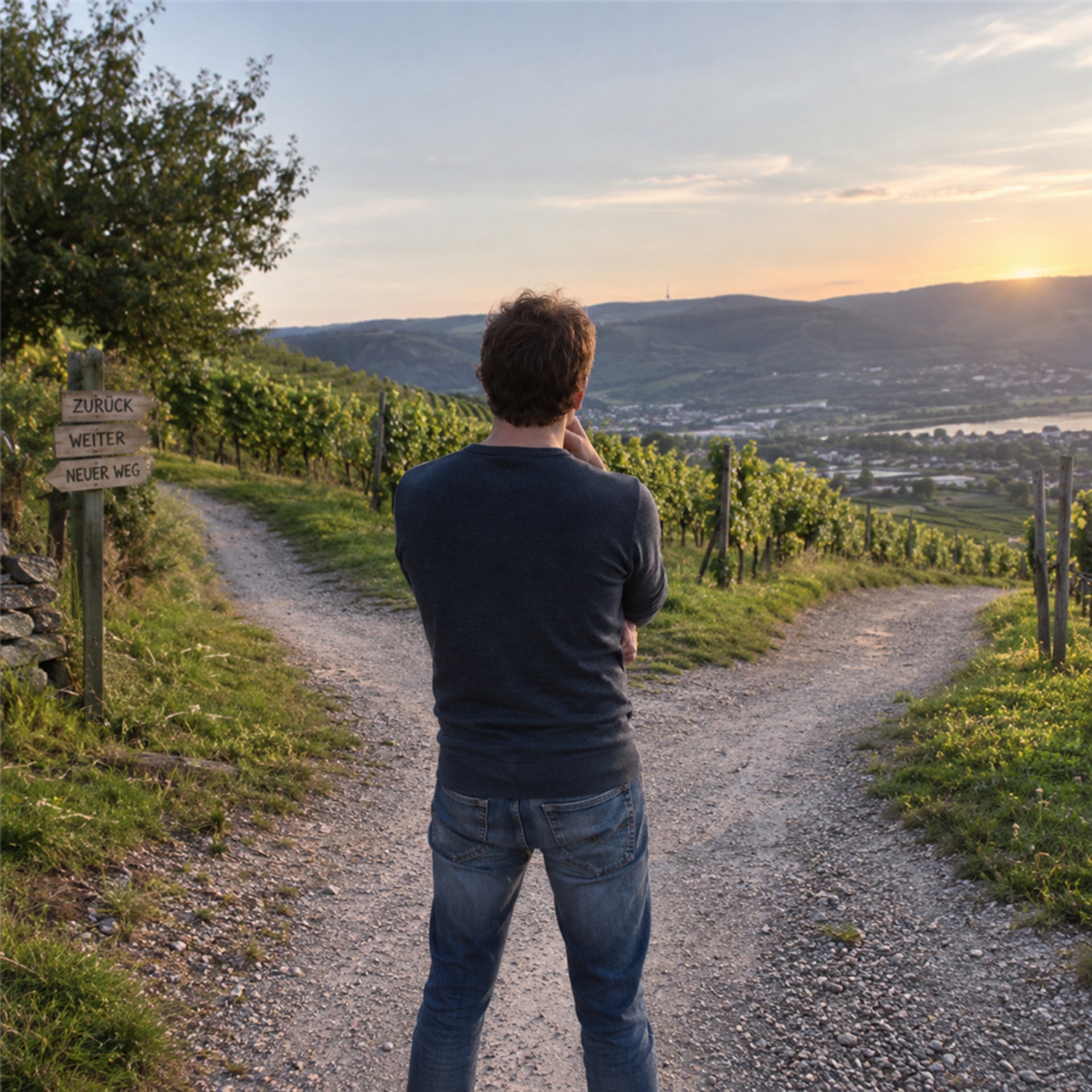 Mann steht nachdenklich an einer Weggabelung inmitten von Weinbergen. Zwei Wege führen durch die Reben, daneben weist ein Holzschild in verschiedene Richtungen. Im Hintergrund liegt eine weite Landschaft im warmen Abendlicht.